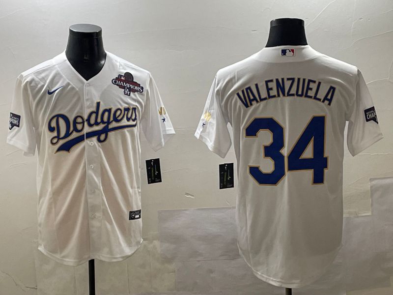 Men Los Angeles Dodgers #34 Valenzuela White blue Gold Game 2025 Nike MLB Jersey style 6